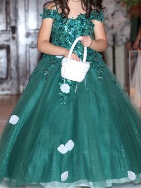 Emerald Green Sequin Flower Girls Formal Dress